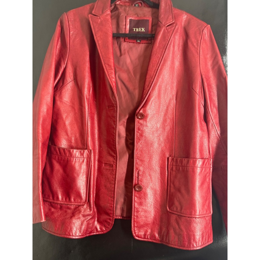 Trek New York Red Leather Blazer Jacket Womens XL Two Button Patch Pockets